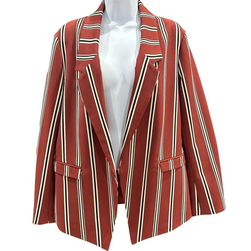 7TH AVE New York & Company Red/Rust Brown White Striped Blazer Women L Large